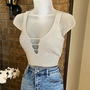 Cropped Ribbed Tank Top with Rhinestone Ladder Detail - Cream